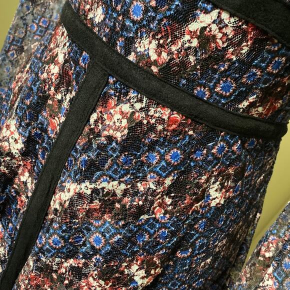 Floral Navy Sheer Long Sleeve Dress Knee Length Piping SZ Small Gothic Ruffle - Picture 3 of 14